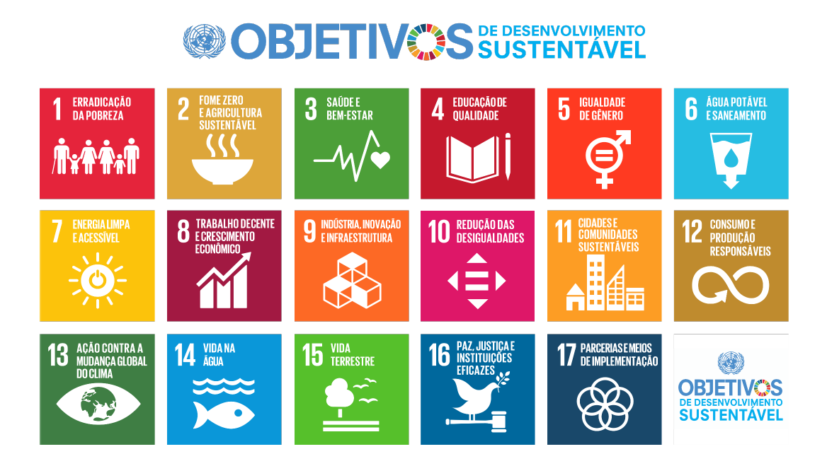 "Imagem ilustrativa com os 17 Objetivos de Desenvolvimento Sustentável da ONU, representados por ícones coloridos e títulos que abordam temas como erradicação da pobreza, educação de qualidade, igualdade de gênero, ação contra a mudança climática e parcerias para o desenvolvimento.
