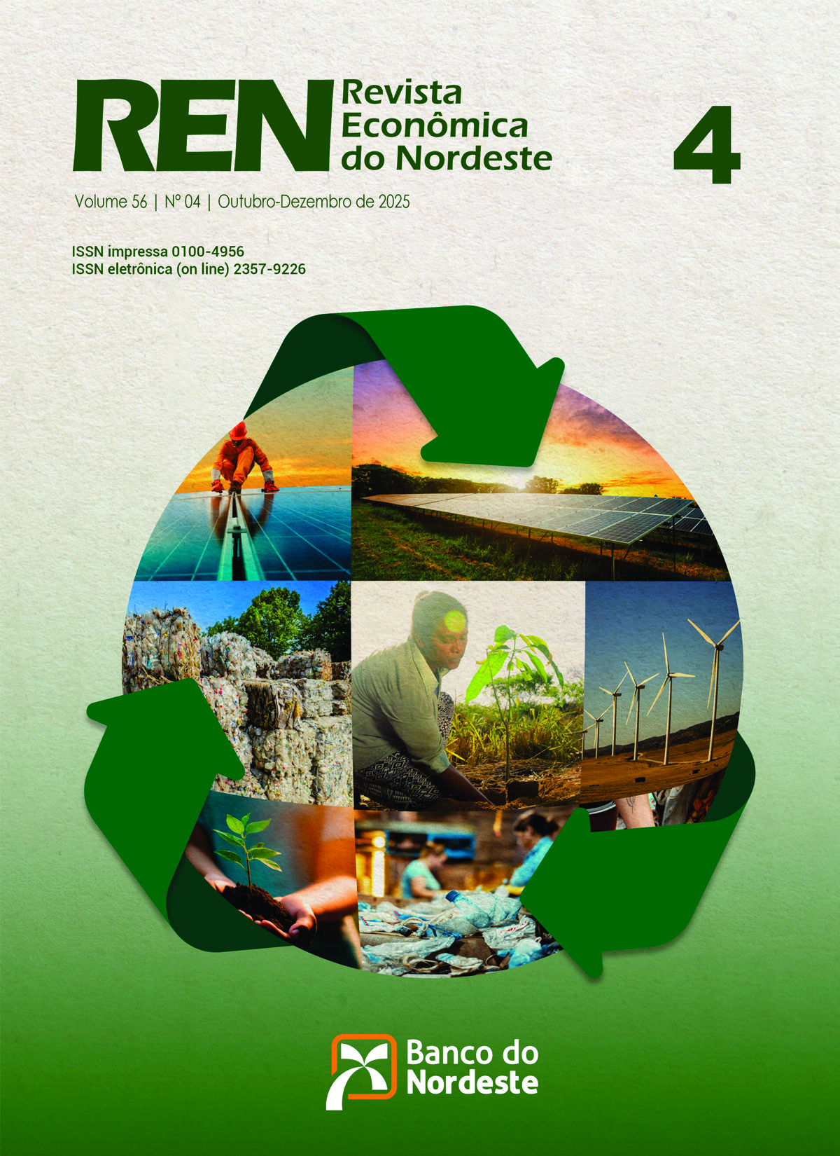 Capa da Revista Econômica do Nordeste. Contém imagens de diversos setores da economia, agricultura, infraestrutura, painéis solares, vegetação, reciclagem de lixo, turbinas eólicas, trabalhadores em indústria.
